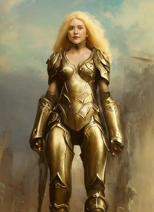 Image similar to smiling young blonde woman wearing a simple black armour, by gaston bussiere, bayard wu, greg rutkowski, giger, maxim verehin, greg rutkowski, masterpiece, sharp focus, cinematic lightning