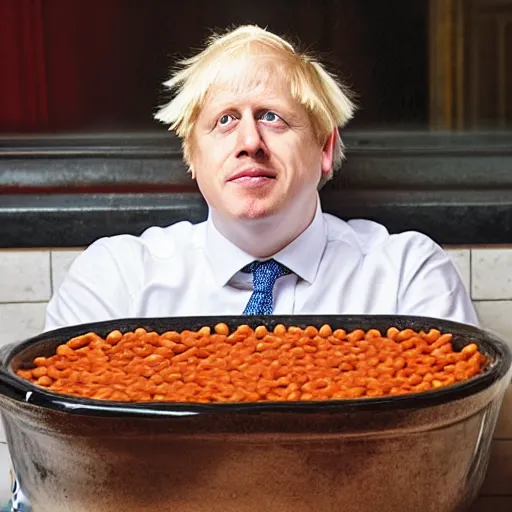 Image similar to Boris Johnson sitting in a bathtub full of baked beans, photograph