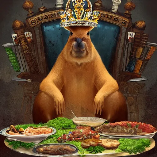 Image similar to painting of a capybara wearing a crown sitting on a throne surrounded by food offerings, trending on artstation