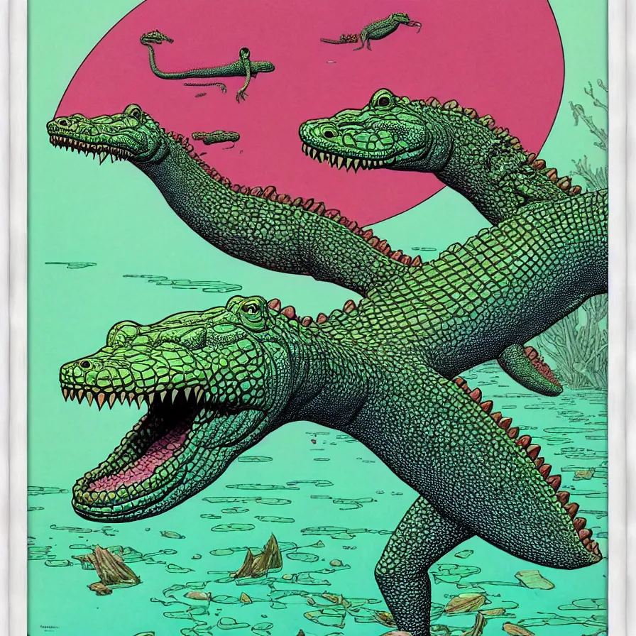 Image similar to ( ( ( ( beautiful crocodile surrounded by decorative frame design ) ) ) ) by mœbius!!!!!!!!!!!!!!!!!!!!!!!!!!!, overdetailed art, colorful, artistic record jacket design
