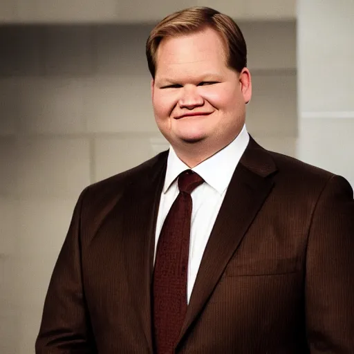 Image similar to Andy Richter is wearing a chocolate brown suit and necktie. Andy is standing under the running water of a shower head. Water is dripping from the suit and necktie.