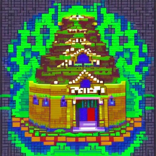 Prompt: temple hidden within the forest ancient magic, pixel art