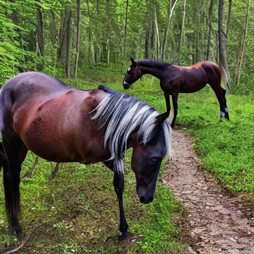 Image similar to two dead horses blocking the path in the woods. each horse has several black - feathered arrows sticking out of it. photo, 4 k