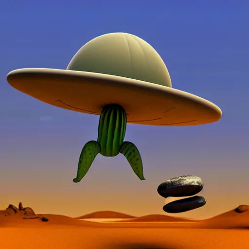 Image similar to crashed burning UFO flying saucer with a sad Roswell grey alien trying to repair his crashed burning spacecraft in the desert, crashed UFO, crashed Flying Saucer, cactus and rocks in the background, dusk, featured on zbrush central, hurufiyya, zbrush, polycount, airbrush art