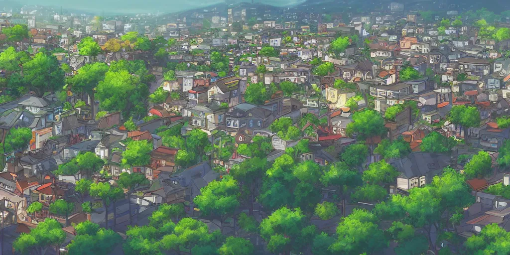 Prompt: beautiful view of a town from a hill, award - winning digital art, anime, rain