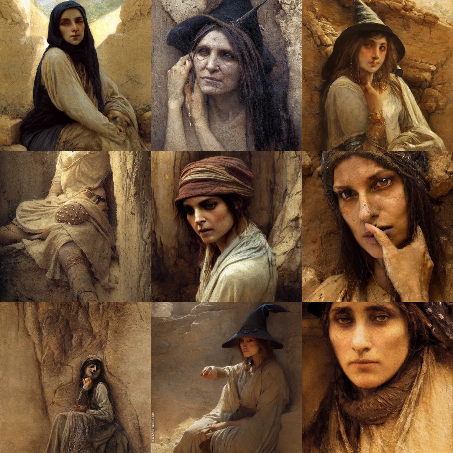 Prompt: orientalism portrait of a witch sitting in a sandstone ruin face detail by theodore ralli and jules bastien - lepage and and bastien lecouffe deharme, masterful intricate artwork, excellent lighting, high detail 8 k