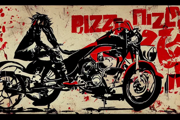 Image similar to pizza restaurant, akira's motorcycle, gorillaz, poster, high quality