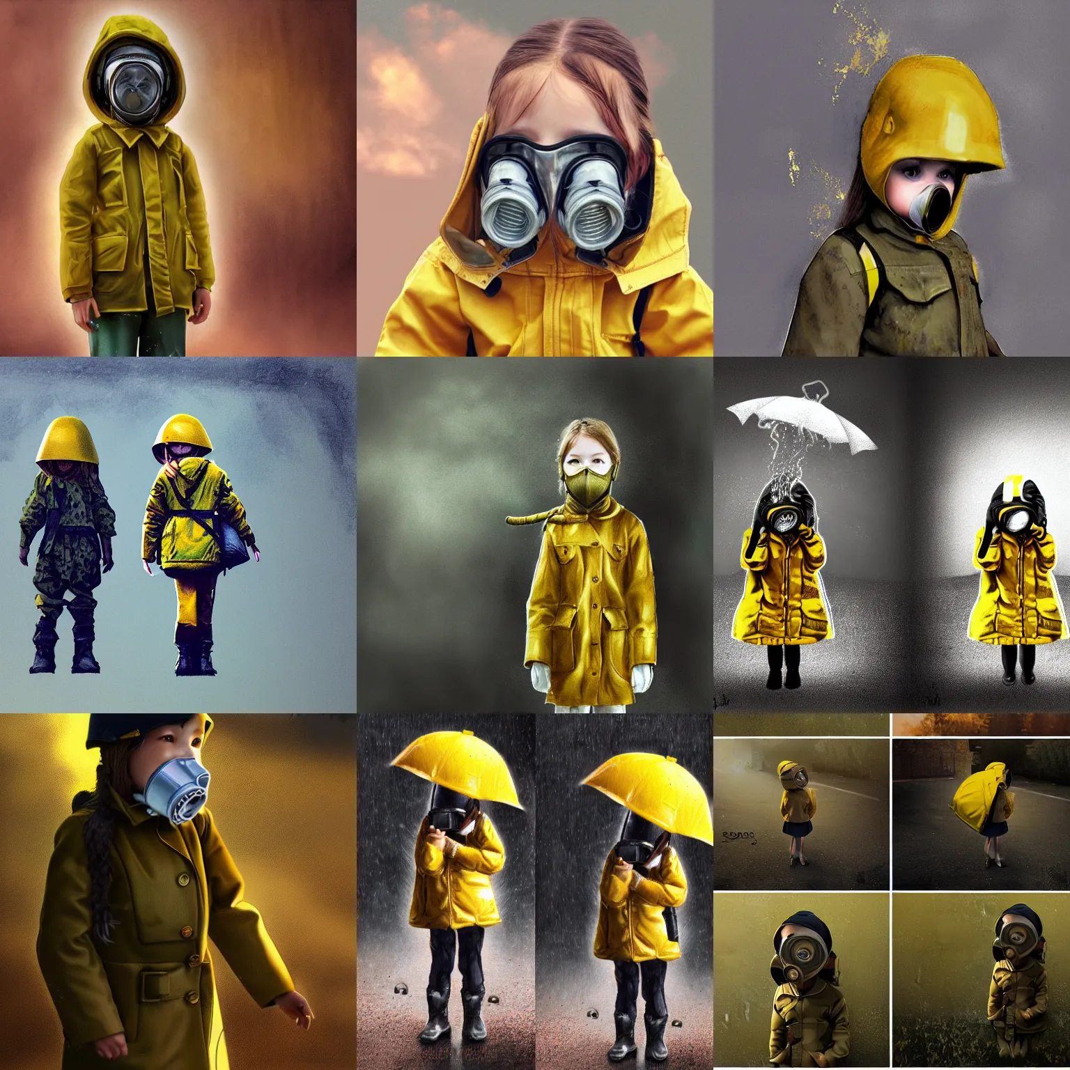 Prompt: detailing photo realistic concept art of child girl wearing army gas mask and yellow rain coat, golden hour