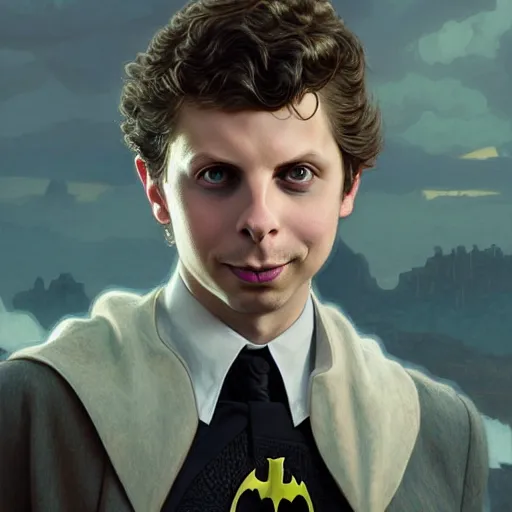 Image similar to handsome Michael Cera as Batman, western, D&D, fantasy, intricate, elegant, highly detailed, digital painting, artstation, concept art, matte, sharp focus, illustration, art by Artgerm and Greg Rutkowski and Alphonse Mucha