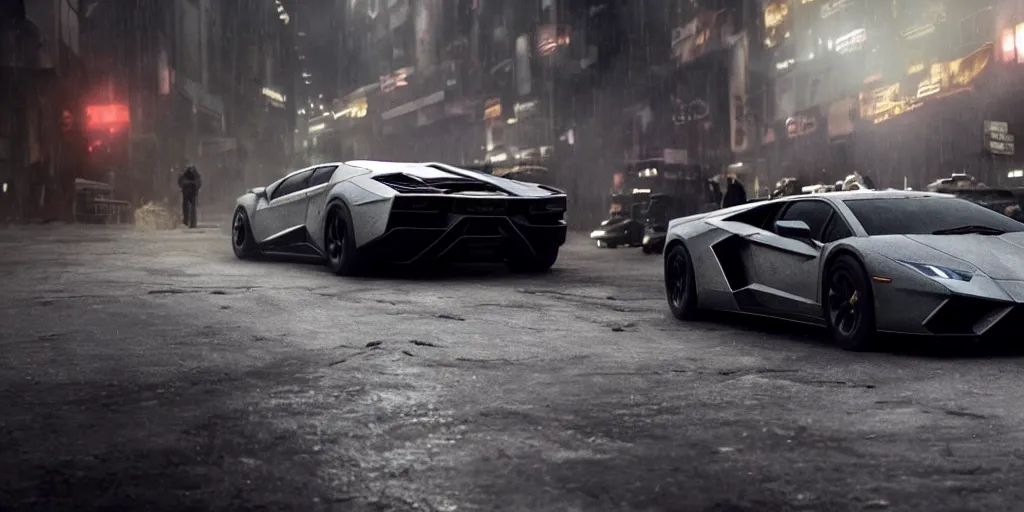 Image similar to A cinematic film still of a Lamborghini in the movie Blade Runner: 2049.