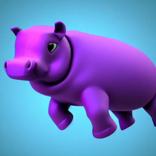 Prompt: 3d render of a flying purple hippo