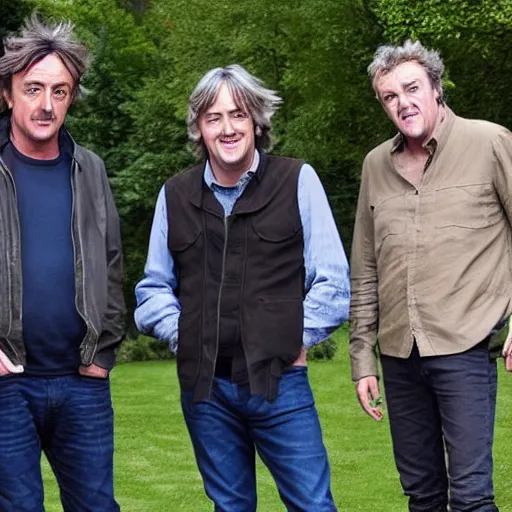 Prompt: richard hammond, james may and jeremy clarkson presenting top gear