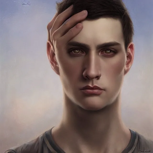 Image similar to a portrait of an intense young man with short brown hair and empathic eyes, art by tom bagshaw and manuel sanjulian