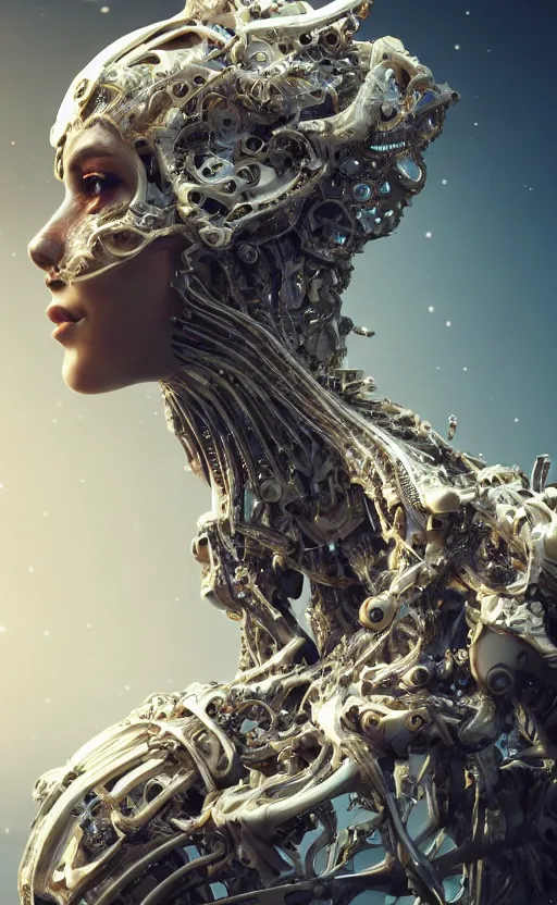 Prompt: beautiful impish biomechanical incredible technological hair, masterpiece crystalline incrustations, hyperdetailed face, elegant pose, movie still, intricate, octane render, cinematic lighting, cgsociety, unreal engine,