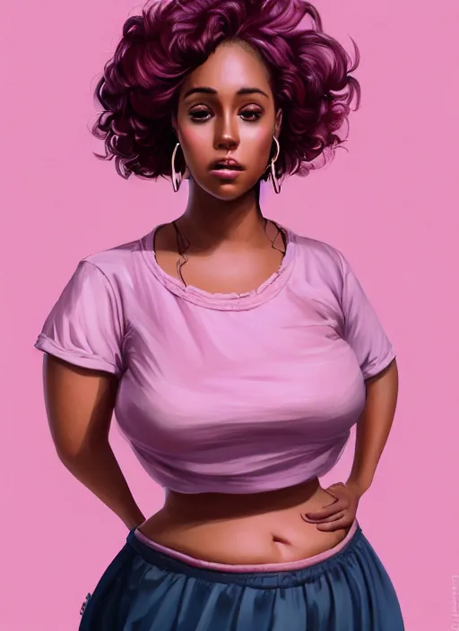 Image similar to full body portrait, teenage vanessa morgan, pink hair, brown skin, obese, curly pixie hair, sultry, realistic, short hair, hoop earrings, skirt, shirt, fat, belly, intricate, elegant, highly detailed, digital painting, artstation, concept art, smooth, sharp focus, illustration, art by wlop, mars ravelo and greg rutkowski