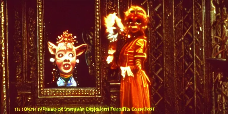 Image similar to cinematography of the 1985 film Return To Oz Character Jack pumpkin head standing in the mirrored palace of princess Mombi in the style of the 1985 film Return To Oz Shot on Film by Return To Oz Cinematographer David Watkin on a cooke panchro 18mm lens.