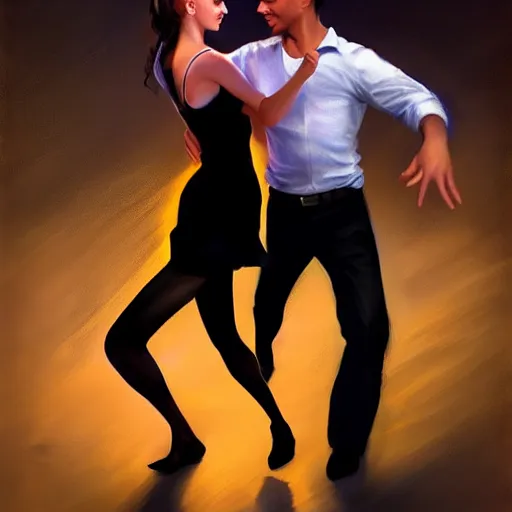 Image similar to semi realistic portrait Salsa Dancing by Stanley Artgerm Lau, strong rim light, Gesture draw, Salsa Social Dance, couple, Salsa tricks,Noir dark background, WLOP, Rossdraws, Gesture draw, James Jean, Andrei Riabovitchev, Marc Simonetti, and Sakimichan, trending on artstation