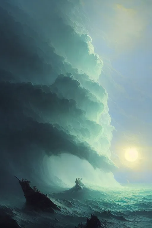 Image similar to A stunning detailed Shoggoth by Ivan Aivazovsky, Peter Mohrbacher , Greg Rutkowski, stormy ocean, beautiful lighting, full moon, detailed swirling water tornado, artstation