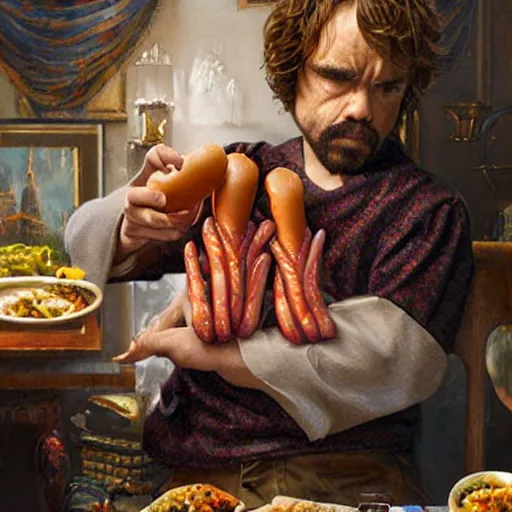 Image similar to portrait of peter dinklage sharing hotdogs with scarlett johansson, an oil painting by ross tran and thomas kincade w 7 6 8