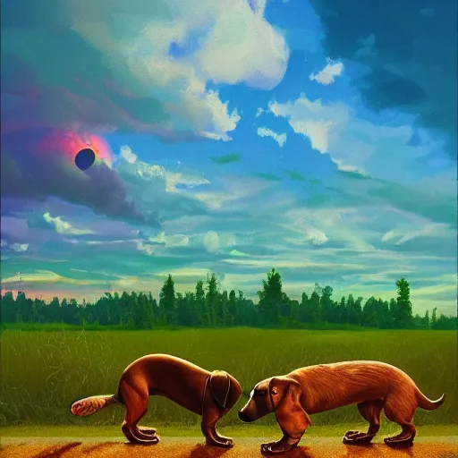 Image similar to a dachshund, surreal photography, cannabis field, sunset dramatic light, impressionist painting, colorful clouds, blue sky, digital painting, artstation, simon stalenhag