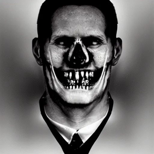 Image similar to uncanny disturbing black and white photo of patrick batemen with sharp teeth and half of his face missing revealing a bloody skull, missing poster, gory, bloody, scary, realistic