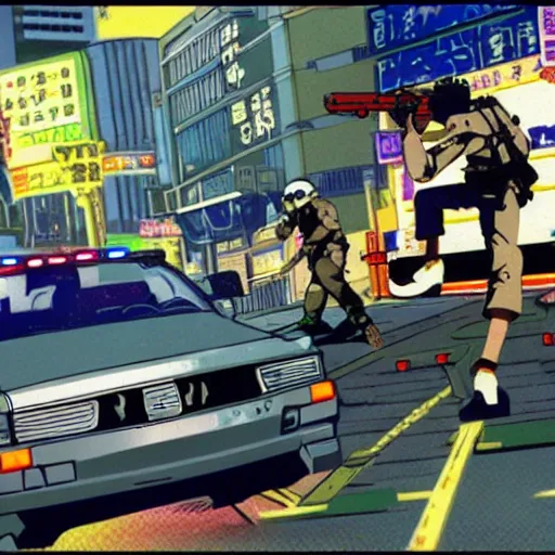 Image similar to 1993 Video Game Screenshot, Anime Neo-tokyo bank robbers vs police shootout, bags of money, Police Shot, Violent, Action, MP5S, FLCL, Highly Detailed, 8k :4 by Katsuhiro Otomo : 8