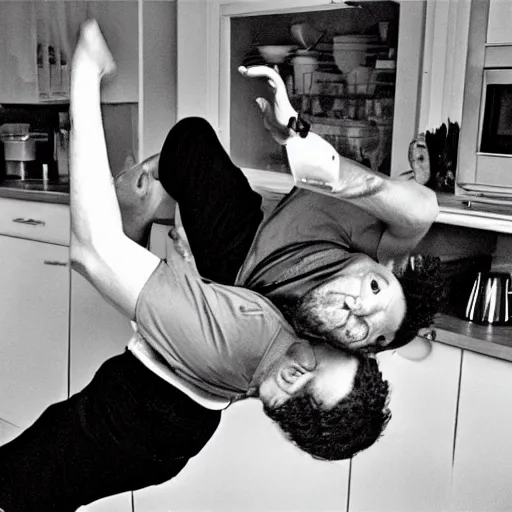 Image similar to jeff goldblum bouncing upside down in his kitchen