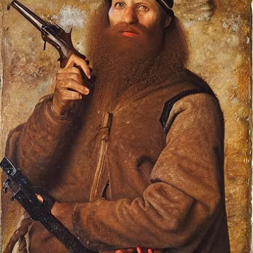 Image similar to portrait of bedouin man with rifle, beard, oil painting by jan van eyck, northern renaissance art, oil on canvas, wet - on - wet technique, realistic, expressive emotions, intricate textures, illusionistic detail,