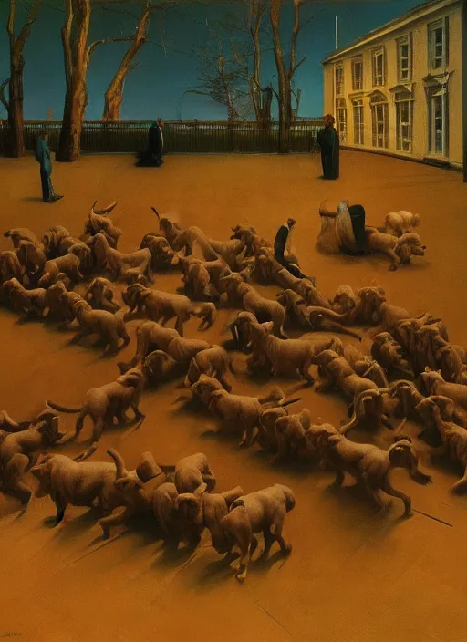 Prompt: crowd of dogs with headcones Edward Hopper and James Gilleard, Zdzislaw Beksinski highly detailed