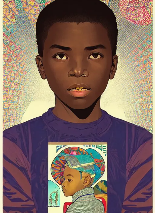 Image similar to colourful upper half portrait of an african boy - in japanese retro poster illustration style, magazine collage art by hsiao - ron cheng & alphonse mucha, magazine collage, highly detailed, digital painting, illustration, smooth, sharp focus, intricate, clustered, busy, pinterest, behance,