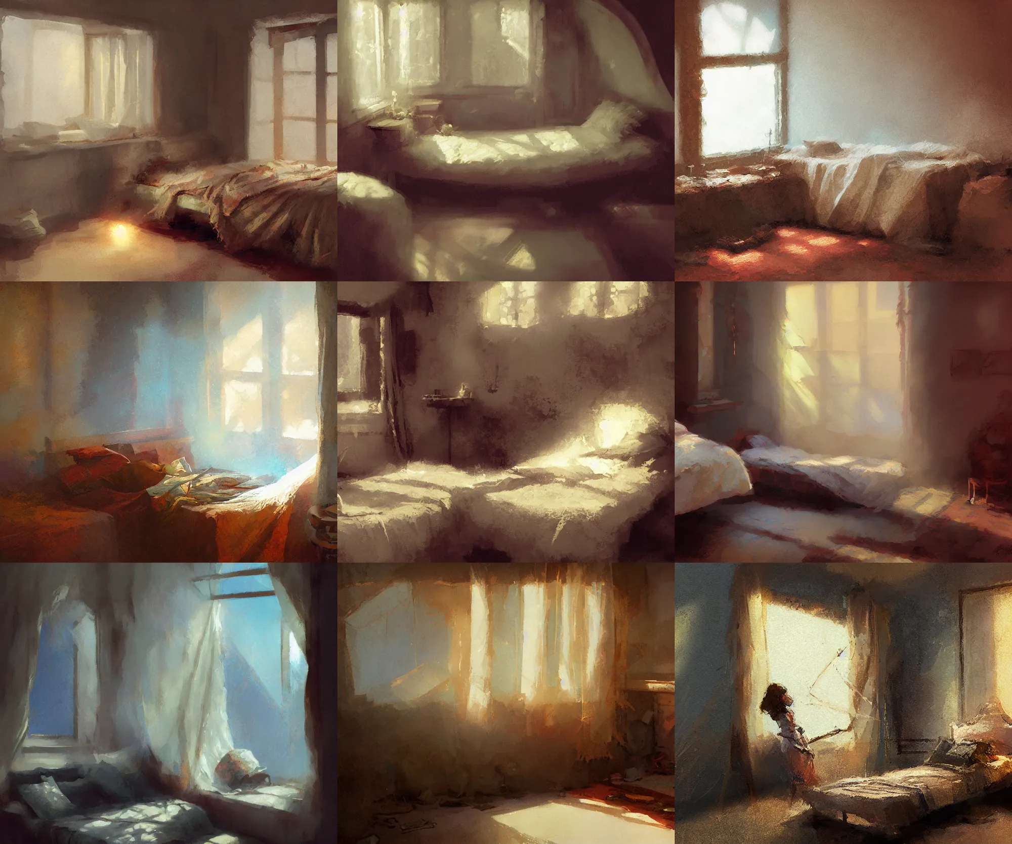 Prompt: zenith angle digital art painting of an unmade bed next to a small window painted by craig mullins and gaston bussiere and greg rutkowski, soft warm lighting