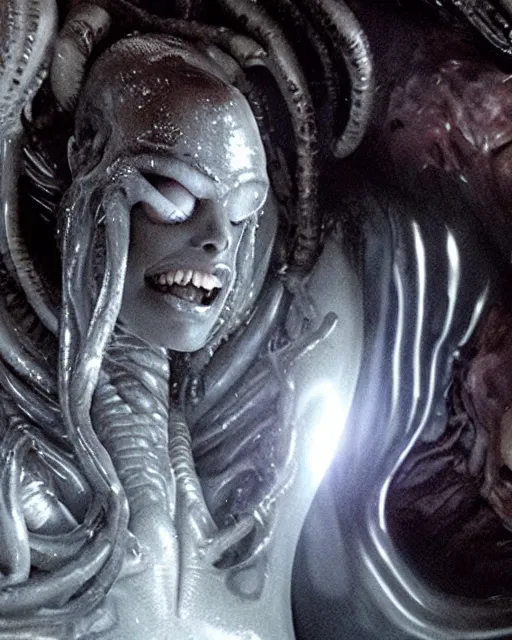 Image similar to film still of kim kardashian being licked by an xenomorph slathered in a transparent alien liquid, wet flowing hair, gooey skin, illustration, unreal engine 5, 8 k, directed by h. r. giger.