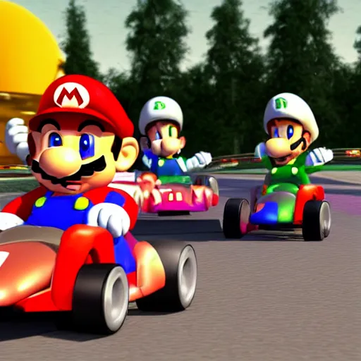 Prompt: synthwave action photo of Super Mario driving go kart into the sunset. He is wearing sunglasses