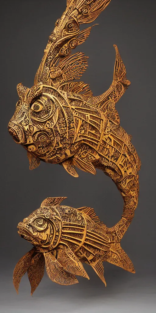 Image similar to animal fish machine sci - fi totem, carved from wood metal and translucent plastic, intricate details, tribal designs, cinematic, volumetric lighting