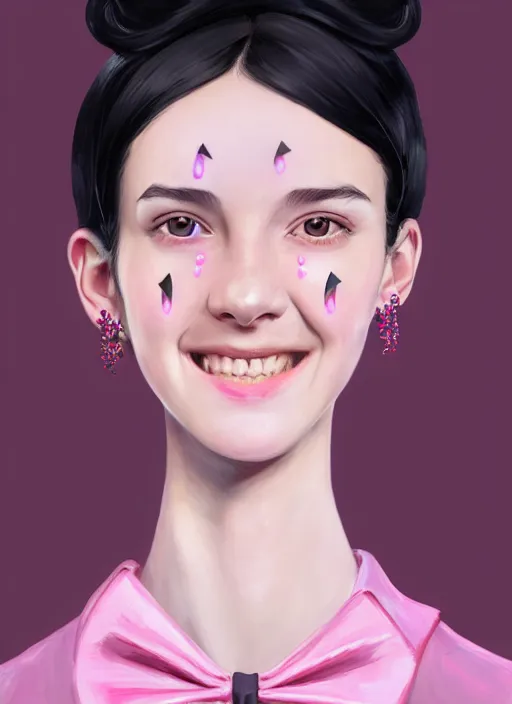 Image similar to portrait of high school girl, realistic, black hair, bangs, half updo hairstyle, pointy nose, skinny, smile, ugly, defined jawline, big chin, pink hair bow, earrings, intricate, elegant, glowing lights, highly detailed, digital painting, artstation, sharp focus, illustration, art by wlop, mars ravelo and greg rutkowski