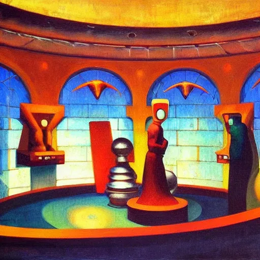 Image similar to three holy robotic seers watchers oracles soothsayers inside a dome, pj crook, grant wood, edward hopper, syd mead, oil on canvas