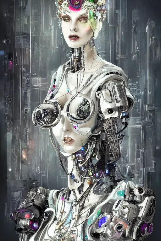 Image similar to beautiful painting of a crowned robotic cyberpunk princess in a gothic dark flowing gown laying intricate elegant highly detailed digital art, artstation