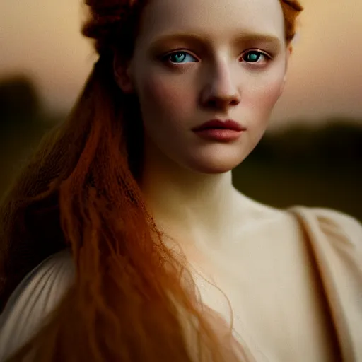 Image similar to photographic portrait of a stunningly beautiful english renaissance female in soft dreamy light at sunset, beside the river, soft focus, contemporary fashion shoot, in a denis villeneuve and tim burton movie, by edward robert hughes, annie leibovitz and steve mccurry, david lazar, jimmy nelsson, extremely detailed, breathtaking, hyperrealistic, perfect face, octane render