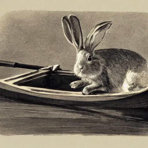 Image similar to a rabbit sitting in a rowboat in the style of Anders Zorn