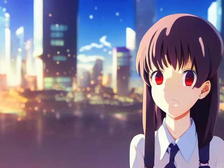 Image similar to anime fine details portrait of joyful school girl in front of cyberpunk moder city landscape on the background deep bokeh, close-up view, anime masterpiece by Studio Ghibli. 8k, sharp high quality anime, artstation