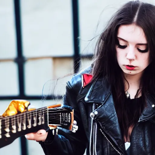 Image similar to 1 9 - year - old girl with wavy long hair, wearing black leather jacket and denim jeans, holding electric guitar, stoner rock, doom metal, concert, live concert footage