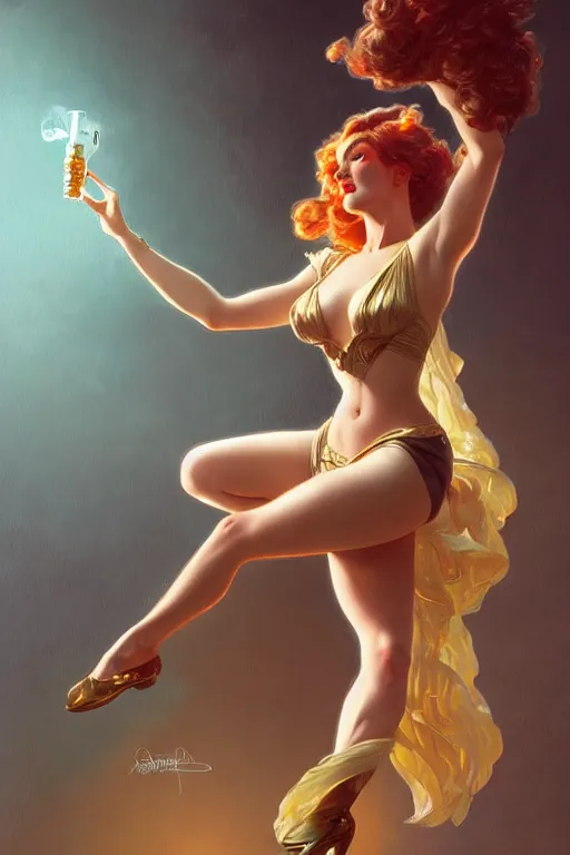 Image similar to a beautiful voluminous woman burlesque dancer on a stage, spotlight, highly detailed, digital painting, artstation, concept art, smooth, sharp focus, illustration, cinematic lighting, art by artgerm and greg rutkowski and alphonse mucha