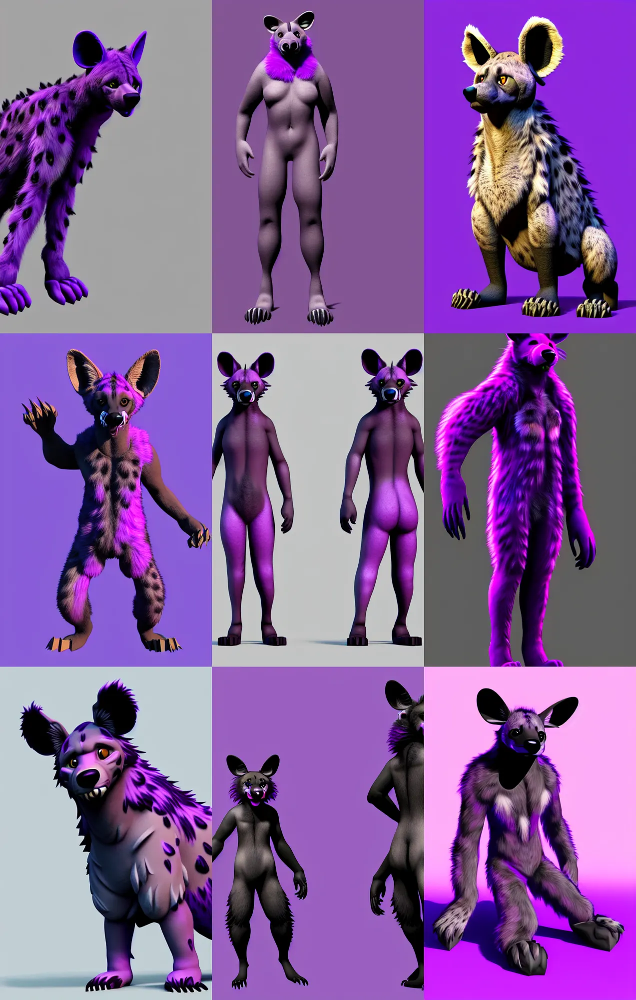 Prompt: a full - body centered front - perspective furry male fursona portrait, a male hyena fursona, purple and black fur color scheme, trending on weasyl, high - resolution, rendered in zbrush, photorealistic