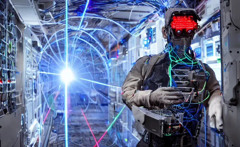 Prompt: human man person, working in laser mines to power computer 24 hours a day, 4k, bandolier