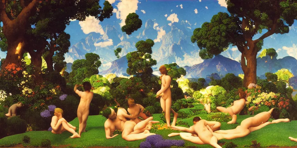 Prompt: !dream a landscape of the Garden of Eden by Maxfield Parrish, digital art 8k