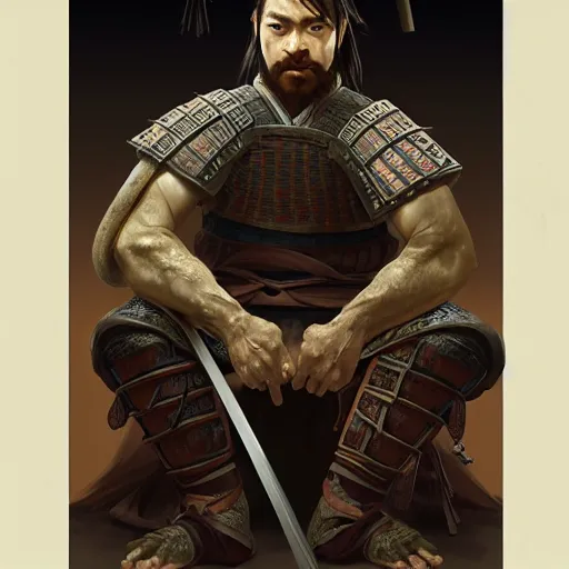 Prompt: brutal japan medieval samurai man sitting in the dark corver of tavern, pale colors, full body, hairy torso, D&D, fantasy, intricate, elegant, highly detailed, digital painting, artstation, concept art, matte, sharp focus, illustration, art by Artgerm and Greg Rutkowski and Alphonse Mucha