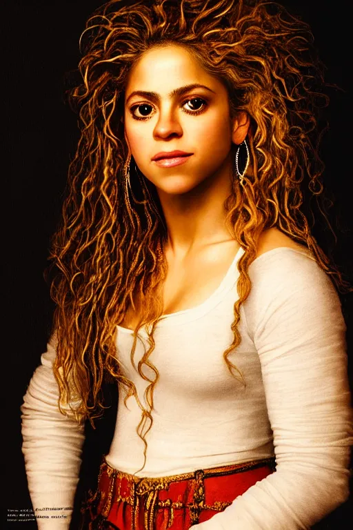Prompt: a portrait of shakira with rembrandt lighting,, single head, no double head,