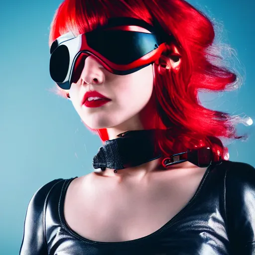 Prompt: red haired female, cyberpunk, wearing futuristic goggles, leather jacket, cyborg! photorealistic, hyper real, 8 k, high details, wires cybernetic implants, machine noir grimcore in cyberspace photoreal, atmospheric, damaged polaroid