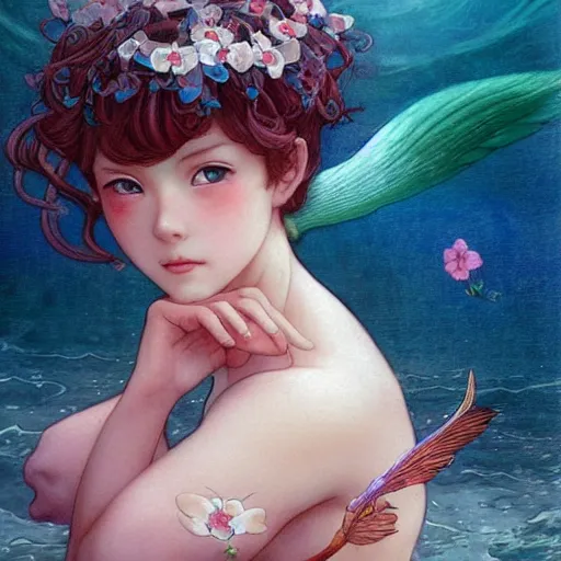 Prompt: Masterpiece painting of a young Sakura Kinomoto from cardcaptor Sakura as a mermaid, drawn by Donato Giancola and Tom Bagshaw face by Artgerm and Edmund Leighton