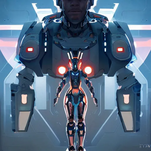 Image similar to symmetry! futuristic robot, mech armed and dangerous, apex legends, epic lighting, epic pose, illustration, highly detailed, art by artgerm and greg rutkowski and alphonse mucha